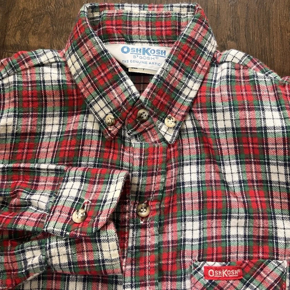 Vintage OshKosh Boys SZ‎ 7 USA Red Plaid Flannel Shirt Button Up Long Sleeve Y2K